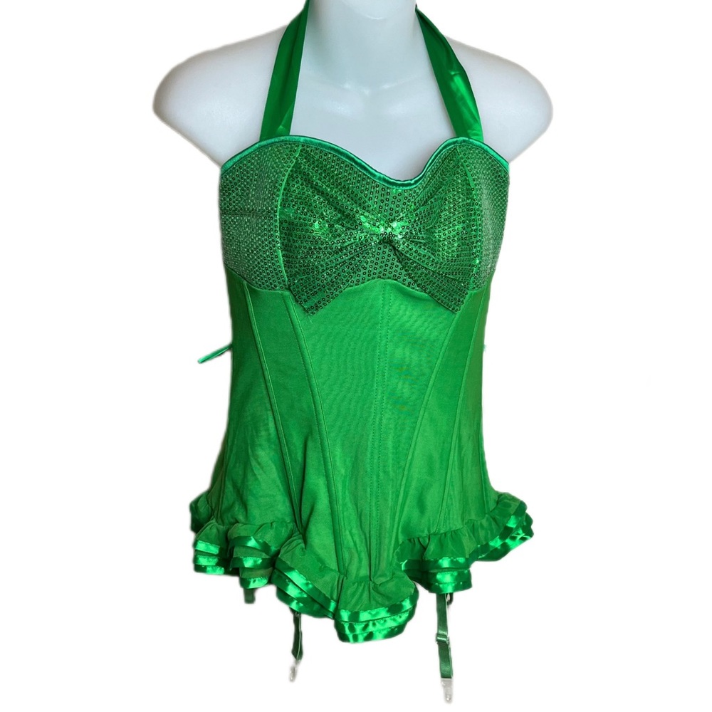Electric Green Wide Ribbon Halter Sequence Bodice Corset